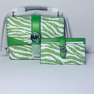 Michael Kors Greenwich Small Green Zebra Animal Print Crossbody Bag & Wallet Set